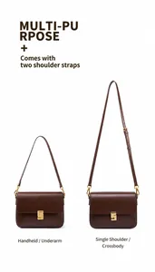 Brown leather crossbody bag with dual detachable straps showing two different carrying styles