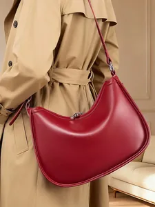 Women Vintage Minimalist Genuine Leather Underarm Bag Fashion Crescent Hobo Bag Solid Color Cowhide Shoulder Bag Handbag