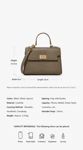 Dimensions détaillées du sac Kelly en cuir kaki avec spécifications de taille et bandoulière