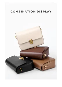 Detail showing high-quality leather bags in four classic colors with golden metal locks