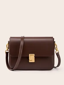 Women's Genuine Leather Shoulder Bag Retro Square Crossbody Bag With Gold Geometric Buckle Solid Color Commuter Underarm Bag
