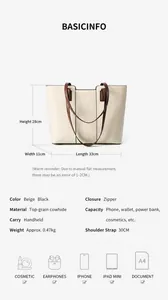 Tableau des tailles détaillé du grand sac cabas en cuir avec dimensions et capacités