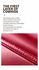 Gros plan sur le cuir de vachette rouge de première couche avec des coutures précises et nettes