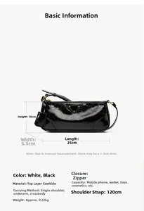 Detailed view of black oil wax leather handbag with product dimensions and material specs
