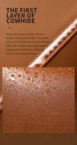 Detail of waterproof top layer cowhide leather with water droplets on brown tote bag surface