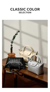 Detailed woven texture on top-handle bags in black, beige, and silver colors