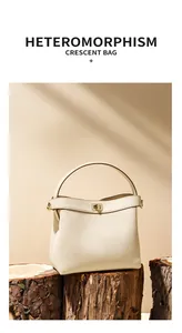 Detailed macro view of cream crescent bag with lychee leather texture and gold metal clasp