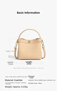 Detailed size specifications for beige leather bucket bag with dimensions and strap length