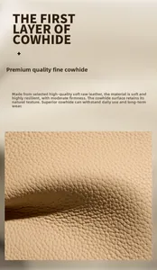 Close-up of premium beige cowhide leather texture showing natural litchi grain and softness