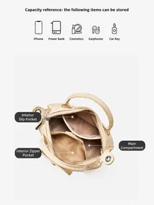 Detail view of the interior layout and storage capacity of the woven leather bag