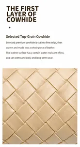 Macro view of woven cowhide leather showing water-resistant texture and beige finish