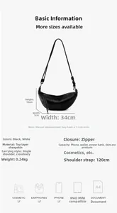 Detailed size specifications for leather croissant bag showing 34x18x5cm dimensions