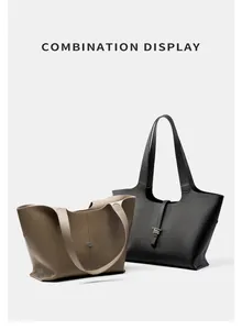 Dettaglio delle borse tote in pelle nera e talpa con chiusura magnetica interna