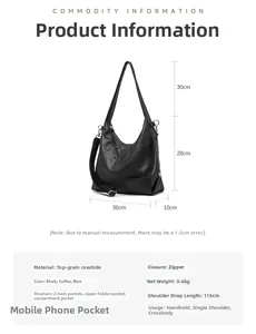 Detailed dimension guide for black large capacity genuine leather Hobo tote bag