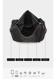 Interior layout of leather tote bag showing multi-compartment storage and zipper pockets
