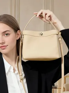 Women Genuine Leather Bucket Handbag Lychee Pattern Shoulder Crossbody Bag With Metal Lock Commuter Tote Purse
