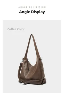 Detail view of coffee brown leather hobo bag with adjustable strap and zip closure