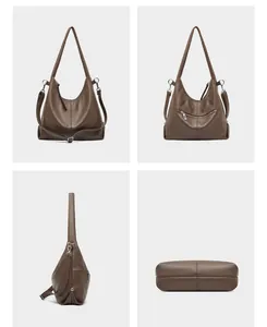 Detailed views of a dark brown hobo shoulder bag with a back zipper and pebbled leather texture
