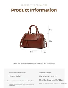 Detailed dimension guide for brown leather Boston bag with strap specs and weight