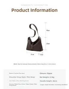 Detailed spec sheet of large leather tote bag showing 31x23x12cm size and brown texture