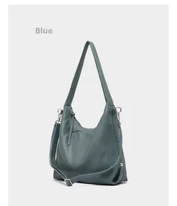 Detail of blue textured leather hobo bag showing pebbled grain and silver hardware