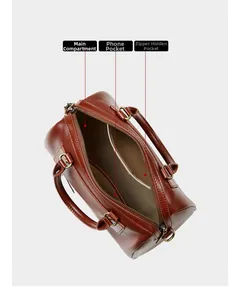Interior view of brown leather bag showing main pocket, phone slot and zipper compartment