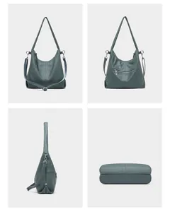 Detailed views of a dark teal pebbled leather tote bag showing front, back, and side profiles