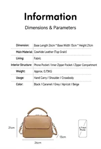 Detaillierte Spezifikationen der Boston-Tasche aus Leder mit Größenangaben und Material