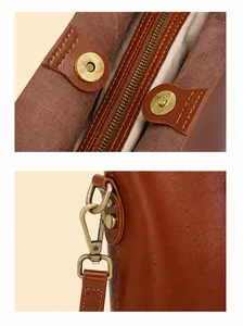 Dettagli della chiusura magnetica e del gancio rimovibile per tracolla su borsa in pelle