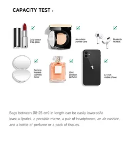Capacity test of leather tote showing smartphone, perfume, and makeup storage