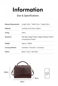 Detailed size chart of the leather bag with dimensions 25x12x20cm and 0.88kg weight