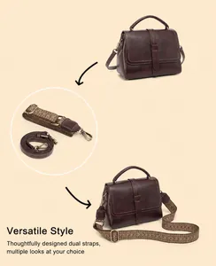 Brown top layer cowhide handbag with interchangeable woven and leather straps
