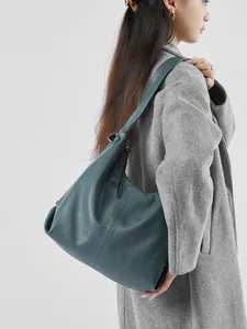Deep teal genuine leather large hobo shoulder bag with a natural lychee grain finish