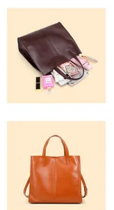 Spacious interior of leather tote bag showing tablet, perfume and daily essentials