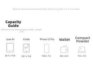 Size guide showing leather tote bag capacity for iPad Air, Kindle, and iPhone