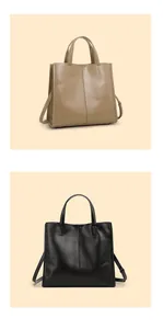 Close-up of leather tote bags in khaki and black with detachable shoulder straps