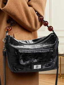 Sac à Épaule Femme en Cuir Véritable Rétro Sac à Main Plissé Poignée en Perles d'Ambre Cuir de Vachette Sac Bandoulière Mode Femme