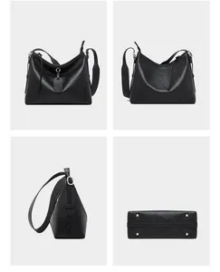 Detailed views of a black leather hobo bag showing bottom studs and adjustable strap