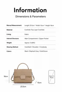 Detailed size specifications of a genuine leather shell bag with 23.5cm width display