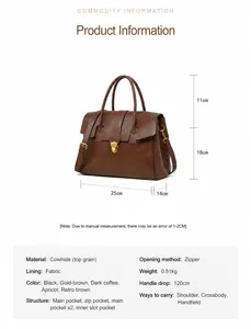 Detailed size specifications for large capacity vintage genuine leather tote handbag