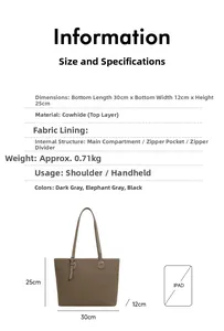 Detailed size specifications for elephant gray leather tote bag with iPad size comparison