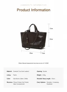 Guida dettagliata alle dimensioni per borsa tote in pelle marrone con misure e capacità