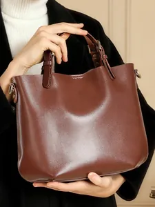 Borsa Tote in Vera Pelle da Donna Grande Capacità Primo Strato di Pelle di Vacchetta Borsa a Secchiello Semplice Ufficio Pendolarismo