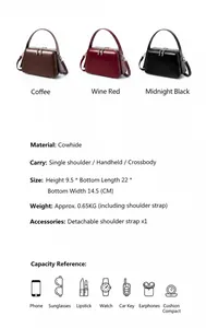 Detailed leather handbag specifications with dimensions and daily capacity items
