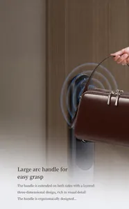 Detail of dark brown leather handbag with NFC card slot sensing a smart door lock
