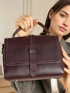 Women Genuine Leather Handbag Top Layer Cowhide Shoulder Crossbody Bag Large Capacity Retro Square Bag With Wide Strap