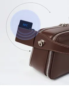 Macro detail of dark brown leather handbag featuring silver lock and NFC smart chip sensor