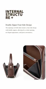 Detail of genuine leather bag showing four zippers and expanding accordion gusset structure
