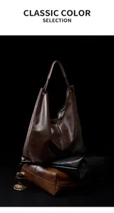Tres colores clásicos de bolsos tote grandes de cuero: marrón oscuro, negro y caramelo.