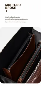 Detail view of leather handbag interior with a dedicated phone slot and zipper pocket
